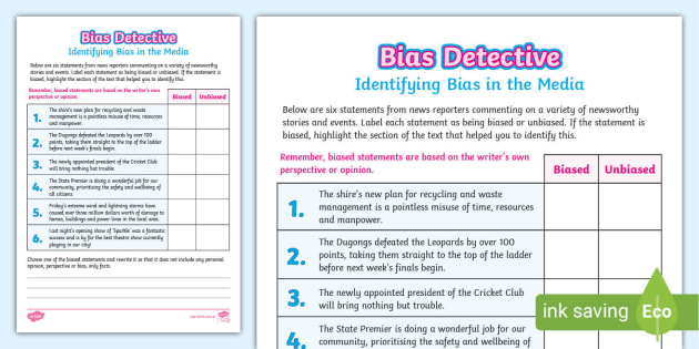 Identifying Bias Activity Sheet Teacher Made