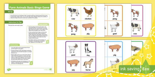 Farm Animals Basic Bingo Game