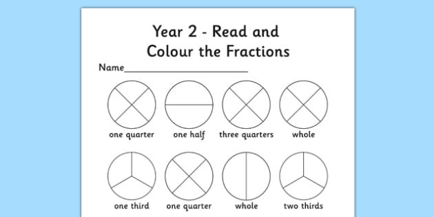 year 2 read and colour a fraction worksheet activity sheet