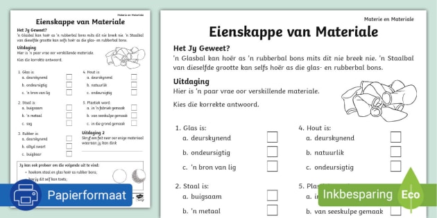 Eienskappe Van Materiale Werkkaart Teacher Made