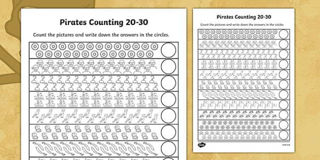 Pirates Counting 20-30 Worksheet - Kindergarten Maths Resourcecs