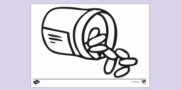 Open Bottle of Pills Colouring Sheet| Colouring Sheets