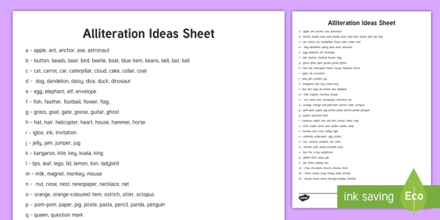 Alliteration Ideas Sheet - eyfs, childminders, alliteration, ks1