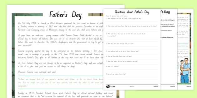 New Zealand Fathers Day Reading Comprehension Activ