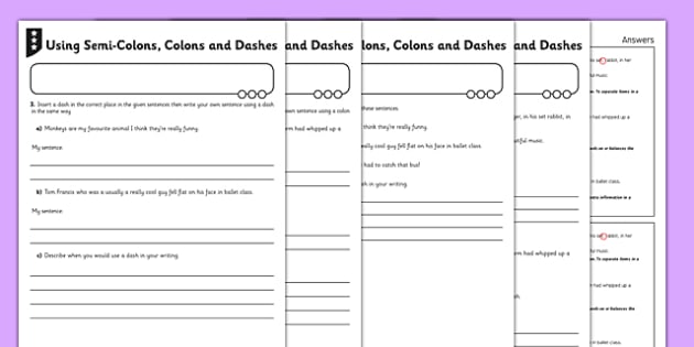 Colons and Semicolons Worksheet - Using Semi-Colons, Colons and Dashes