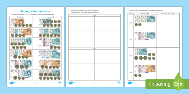 british money comparison using pound coins and notes differentiated worksheets