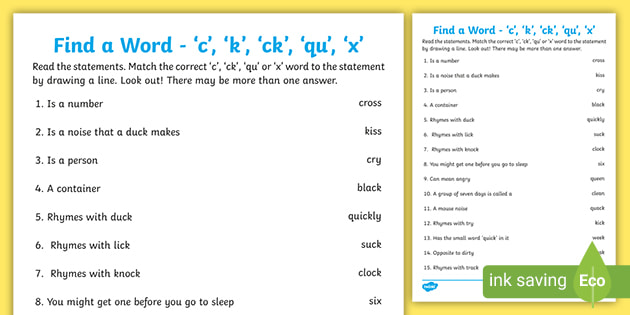 Find A Word C K Ck Qu X Worksheet Teacher Made
