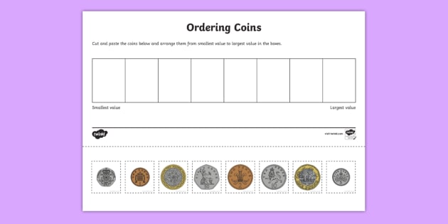 coin ordering cut and paste worksheet worksheet