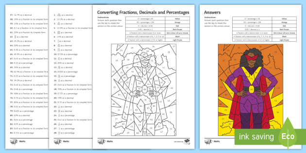 Converting Fractions Decimals And Percentages Colour By Number Worksheet Two fractions may describe the same length. converting fractions decimals and percentages colour by number worksheet