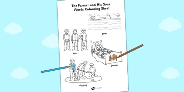 The Farmer and His Sons Words Colouring Sheet - aesops fables
