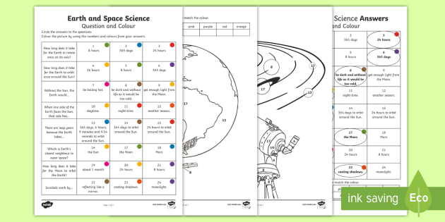 year 3 earth and space science questions and colouring worksheet