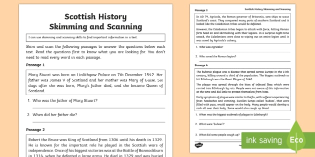 Scottish History Skimming and Scanning Worksheet / Worksheet