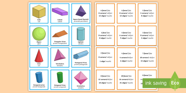 3D Shape and Properties Matching Cards - English/Romanian - 3D Shape and