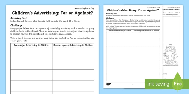 Children's Advertising: For or Against? Worksheet / Worksheet