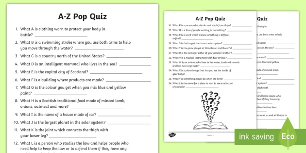 A Z Question Pop Quiz For Kids A Z Words Cfe First Level