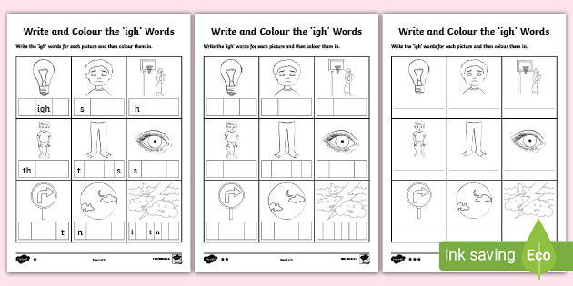 Write and Colour the 'igh' Words Differentiated Worksheets