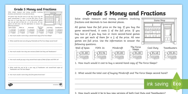 grade 5 money and fractions worksheet teacher made