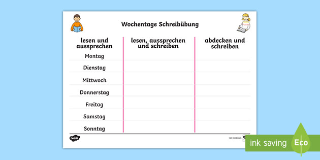 Die e Der Woche Writing Practice German Teacher Made