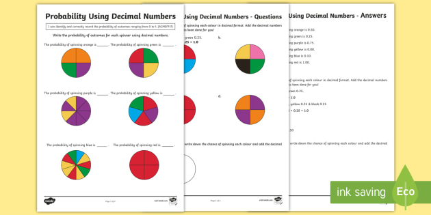 Probability Using Decimal Numbers Worksheet / Worksheet