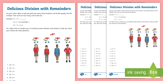 division with remainders worksheet grade 4 6 math resource