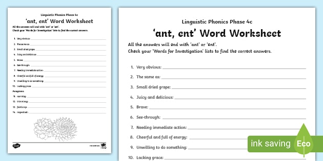 Linguistic Phonics Phase 4c 'ant, ent' Word Worksheet
