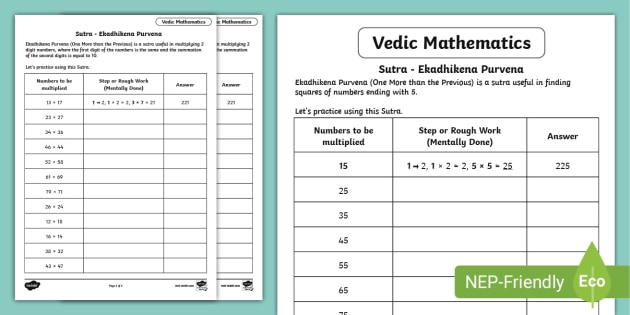 vedic mathematics worksheets teacher made