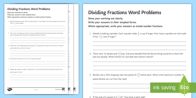 Dividing Fractions Word Problems Worksheet