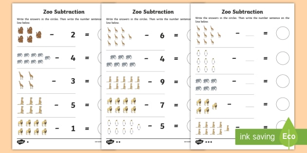 zoo themed subtraction within 10 worksheet maths resources