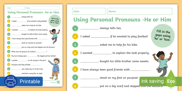 Using Personal Pronouns He Or Him Worksheet Teacher Made
