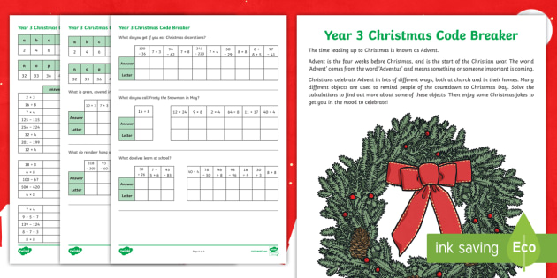 Year 3 Christmas Calculations Code Breaker Activity Sheets