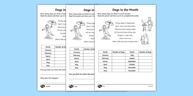 How Many Days In Each Month Of The Year Worksheet