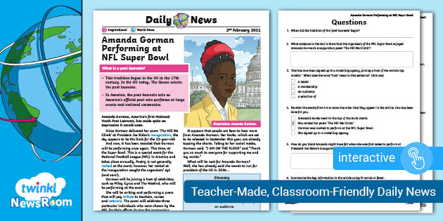 Daily Kid's News Story - Amanda Gorman Super Bowl - Ages 9-11