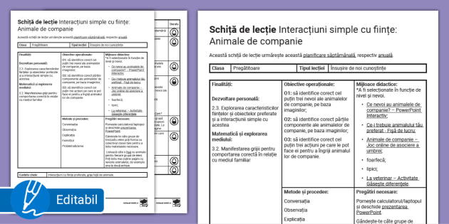 Interacțiuni simple cu ființe: Animale de companie – Schiță de lecție clasa pregătitoare