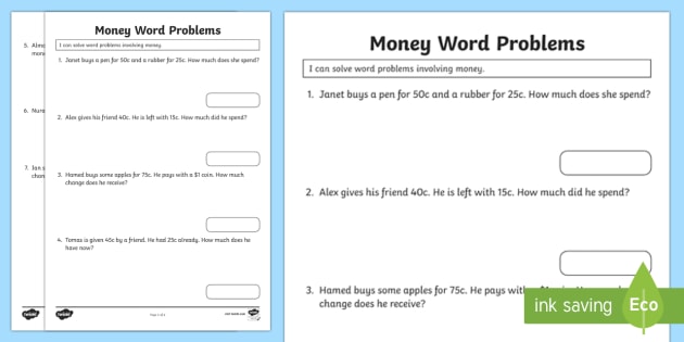 money word problems worksheet activity sheet australia