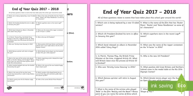 End Of School Year Quiz 2017 2018