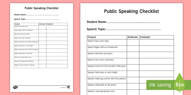 speech and language sheet observation presentation, Checklist Public Oral Speaking listening and