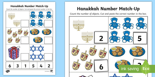 Hanukkah Number Match-Up Worksheet / Worksheet - Number Recognition, Jewish