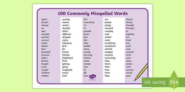 100 Misspelt Words Word Mat Teacher Made