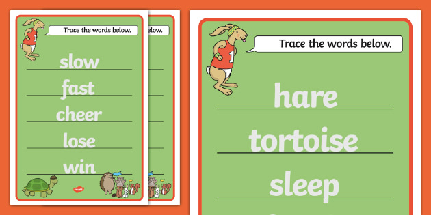 The Tortoise and The Hare Trace the Words Worksheets - tracing