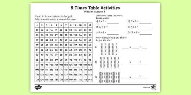 8 Times Table Worksheet Worksheet English Polish 8 Times Table