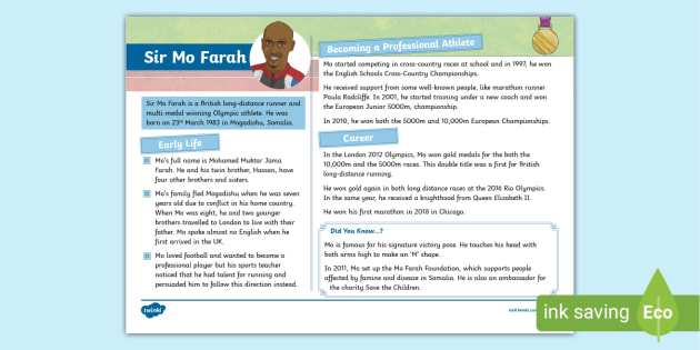 Sir Mo Farah Fact File - KS2 - Inspirational People - Twinkl