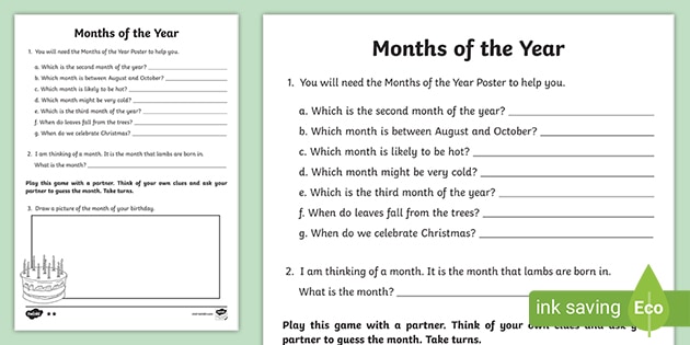 Months of the Year Worksheet - Primary Resources - Twinkl