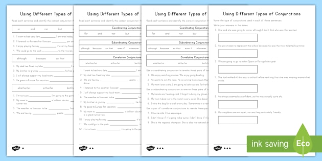 Types of Conjunctions Differentiated Worksheet / Worksheets
