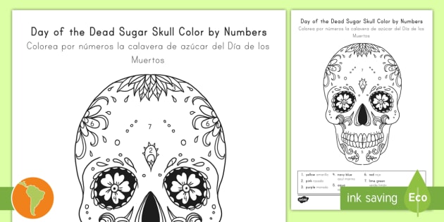 Day Of The Dead Color By Numbers Sugar Skull English Spanish