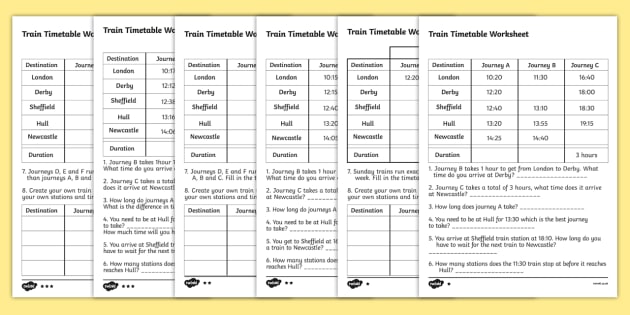 Train Timetabled Worksheets - Reading Timetables KS2/Year 6