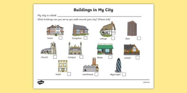 FREE! - Buildings In My City Worksheet (teacher made)