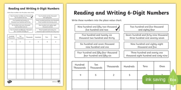 6 digit numbers place value reading and writing worksheet
