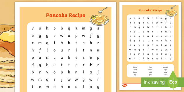 Pancake Recipe Wordsearch - pancake, recipe, word search, game