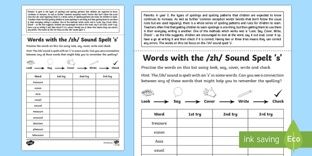 Year 2 Spelling Practice /zh/ Sound Spelt 's' Homework Worksheet