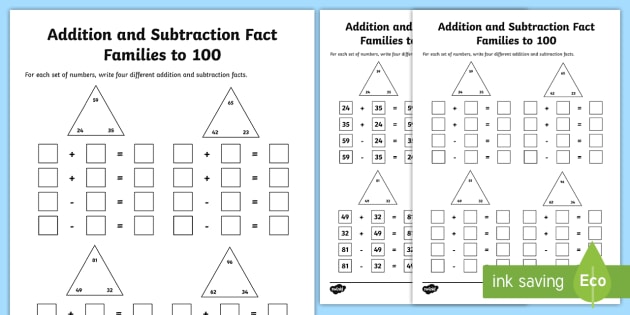 Addition And Subtraction Fact Families To 20 Worksheet